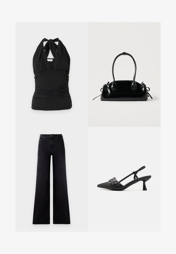 Noisy May NMBELLA HALTERNECK - Top - black; Højtaljede sorte wide-leg jeans med frontlommer, bælteløkker og knappelukning.; Simmi London DALA - Pumps - black; Lille sort blank håndtaske med to lange håndtag og snøre-detaljer i siden på en ensfarvet lys baggrund.