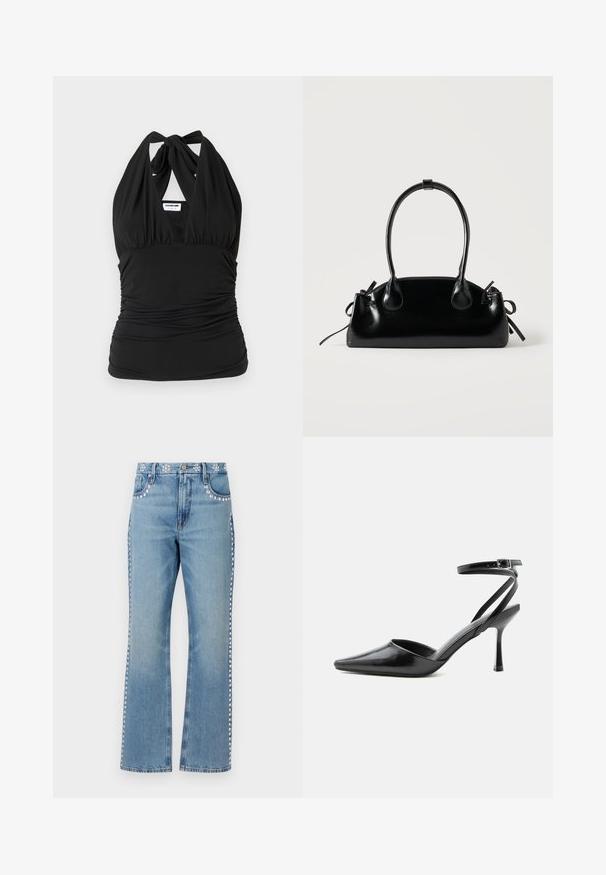 Noisy May NMBELLA HALTERNECK - Top - black; Good American GOOD ICON STUDDED - Džínsy s rovným strihom - indigo; Čierny lodička na vysokom opätku so špicatou špičkou, tenkými remienkami okolo členku a striebornou prackou na jednoduchom svetlom pozadí.; Malá čierna lesklá kabelka s dvoma dlhými rúčkami a bočnými šnúrkovými detailmi na jednoduchom svetlom pozadí.