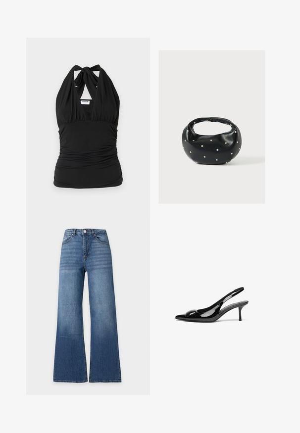 Noisy May NMBELLA HALTERNECK - Top - black; Blaue High-Waist-Denim-Jeans mit weitem Bein, Vorderknopf, Reißverschluss und klassischem Fünf-Taschen-Design auf schlichtem hellem Hintergrund.; Schwarze patentierte Slingback-Absätze mit spitzem Zehenbereich und glänzender Oberfläche. Besitzt einen schlanken Absatz und eine abgerundete Akzentuierung am Schuhoberteil.; Schwarze Lederhandtasche mit abgerundeter Form, verziert mit silbernen Nietenakzenten und kurzem Griff. Glatte Struktur und Reißverschlussverschluss.