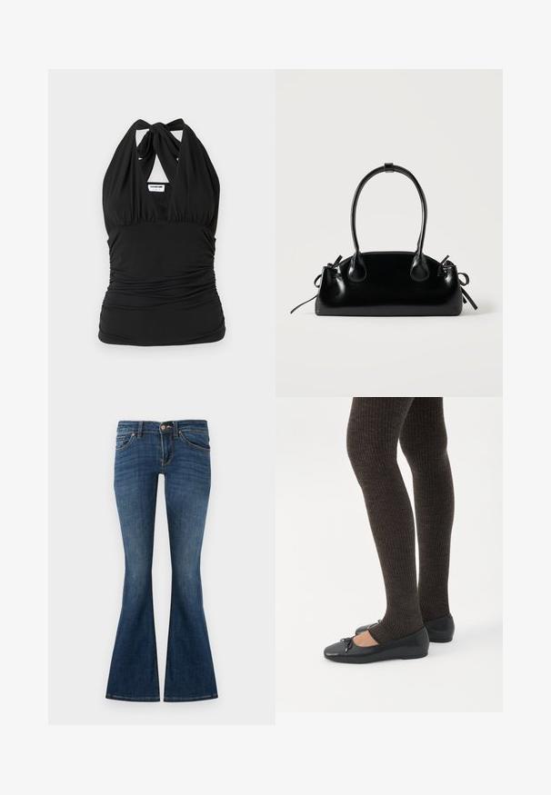 Noisy May NMBELLA HALTERNECK - Top - black; Mørkeblå trompetbukser lavet af denim, med fem-lomme design, bæltestropper og en lukning med knap fortil. Glat tekstur med minimal falming.; Ben iført mørke ribbede leggings kombineret med sorte balletsko med små sløjfedetaljer på hvid baggrund.; Lille sort blank håndtaske med to lange håndtag og snøre-detaljer i siden på en ensfarvet lys baggrund.