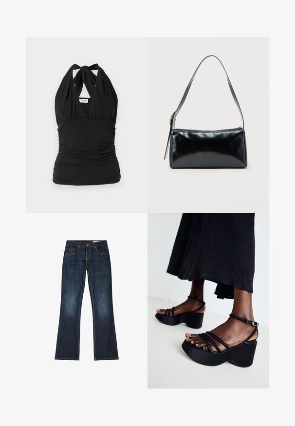 Noisy May NMBELLA HALTERNECK - Top - black; Mørkeblå denim jeans med lige ben, fem lommer og kontrastsyning på hvid baggrund.; Sorte kilehæle med flere tynde stropper, justerbar ankelspænde, tekstureret overflade og en afrundet hælform.; Sort rektangulær skuldertaske med en enkelt justerbar rem og lynlås i toppen på en ensfarvet baggrund.