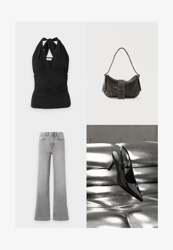 Noisy May NMBELLA HALTERNECK - Top - black; Graue Denim-bootcut-Jeans mit hoher Taille, Fronttaschen, Gürtelschlaufen und einem subtilen, verblassten Design, präsentiert vor einem weißen Hintergrund.; Schwarzer Slingback High Heel aus Lackleder, positioniert auf einem glänzenden metallic silbernen Lederkissen-Hintergrund.; Schwarze Leder-Schultertasche mit Schnallengurt-Detail, abgerundeten Kanten und kontrastierenden weißen Nähten auf schlichtem Hintergrund.