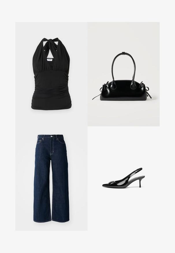 Noisy May NMBELLA HALTERNECK - Top - black; Weit geschnittene, dunkelblaue Jeans mit kontrastierenden Nähten, fünf Taschen und einem Knopfverschluss an der Taille.; Schwarze patentierte Slingback-Absätze mit spitzem Zehenbereich und glänzender Oberfläche. Besitzt einen schlanken Absatz und eine abgerundete Akzentuierung am Schuhoberteil.; Kleine schwarze glänzende Handtasche mit zwei langen Griffen und seitlichen Kordelzug-Details vor einfachem hellem Hintergrund.