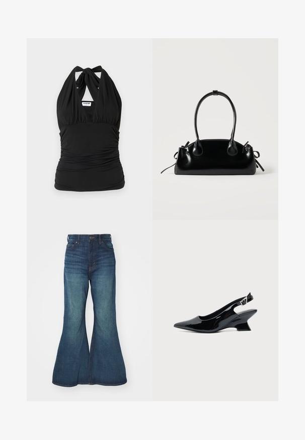 Noisy May NMBELLA HALTERNECK - Top - black; Vaqueros de mezclilla acampanados en azul medio, con una cintura alta, diseño de cinco bolsillos y costuras en contraste. Textura suave con un ligero desgastado.; Zapato slingback de cuero charol negro con puntera puntiaguda y tacón bajo en bloque inclinado sobre fondo claro liso.; Pequeño bolso negro brillante con dos asas largas y detalles de cordón lateral sobre un fondo claro liso.