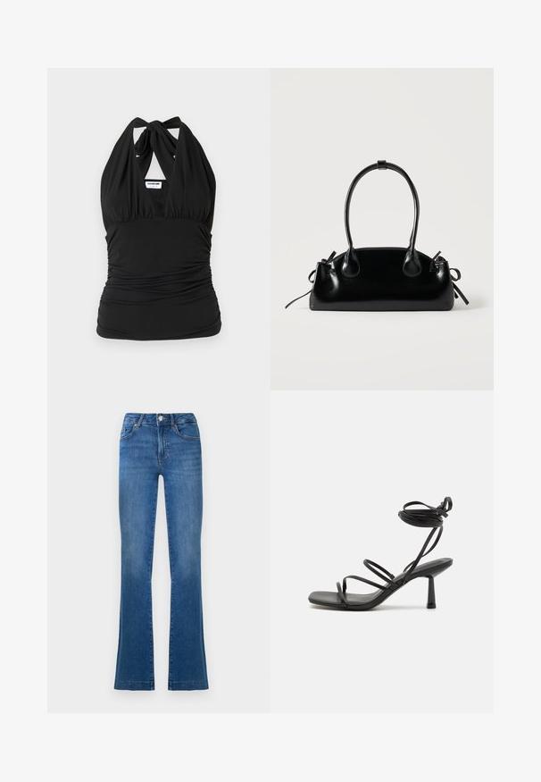 Noisy May NMBELLA HALTERNECK - Top - black; Modré rozšírené džínsy z denimu, s klasickým dizajnom piatich vreciek, predným zapínaním na gombík a mierne vyblednutými oblasťami na stehnách.; Čierne sandále na tenkých popruhoch so štvrtovým špicom, nastaviteľnými viazaniami okolo členka a štíhlým blokovým podpätkom. Vyrobené z hladkého a odolného materiálu.; Malá čierna lesklá kabelka s dvoma dlhými rúčkami a bočnými šnúrkovými detailmi na jednoduchom svetlom pozadí.