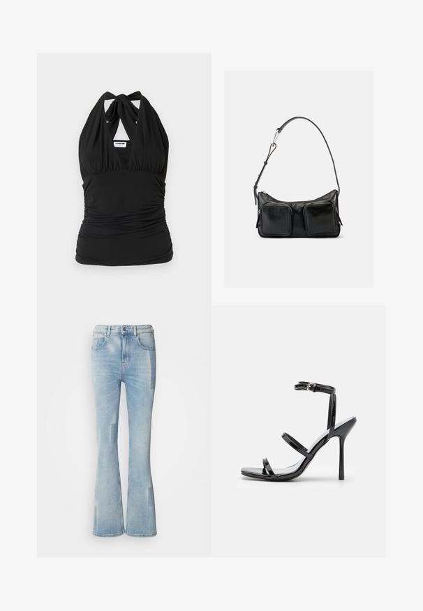Noisy May NMBELLA HALTERNECK - Topp - black; Scotch & Soda THE GLOW - Bootcut-teksad - art from the heart; Mustad nahast kõrge kontsaga sandaalid, millel on kolm horisontaalset rihma ja reguleeritav pahkluuri rihm. Sleek siluett ja läikiv viimistlus.; Musta nahast õlakott reguleeritava paelaga ja kahe suure esiküljel lukuga taskuga, ühtlasel heledal taustal.