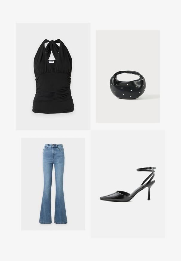 Noisy May NMBELLA HALTERNECK - Top - black; Modré džínsy z denimu s vysokým pásom, rozšírenými nohavicami, dvoma prednými vreckami, pútkami na opasok a dvojitým zapínaním na gombíky.; Čierny lodička na vysokom opätku so špicatou špičkou, tenkými remienkami okolo členku a striebornou prackou na jednoduchom svetlom pozadí.; Čierna kožená kabelka s zaobleným tvarom, zdobená striebornými cvočkami a krátkym rúčkou. Hladká textúra a zapínanie na zips.