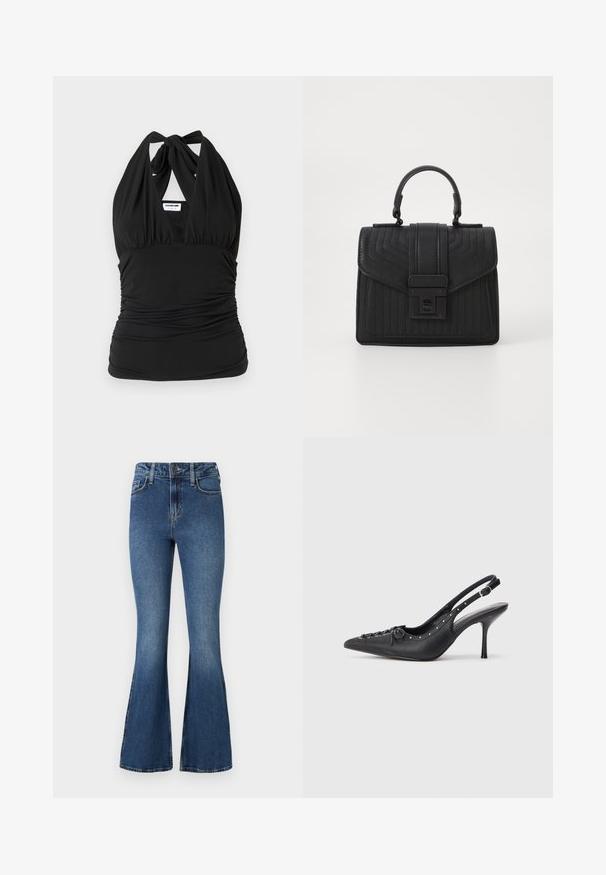 Noisy May NMBELLA HALTERNECK - Top - black; Blå flared denimjeans med høj talje, der har et standard design med fem lommer og knaplukning. Blød tekstur med lettonede detaljer.; Sorte læder slingback stiletto med spids tå, side spændebånd, nitter langs kanten og dekorativ snøring foran.; Sort læderhandtaske med kviltet tekstur, rektangulær form, topbærerhåndtag og en frontklap med en sølvfarvet spænde.