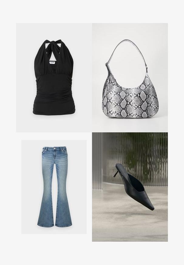 Noisy May NMBELLA HALTERNECK - Top - black; Vaqueros de mezclilla azul claro descoloridos con cintura alta y piernas anchas acampanadas, con bolsillos delanteros y cierre de botón.; Zapato mule negro de punta fina con tacón alto y delgado flotando sobre un suelo de hormigón liso, con un fondo desenfocado de rayas verticales.; Bolso de hombro con estampado de serpiente en blanco y negro, de forma redondeada, textura suave y correa curvada. Presenta un acento de hardware plateado.