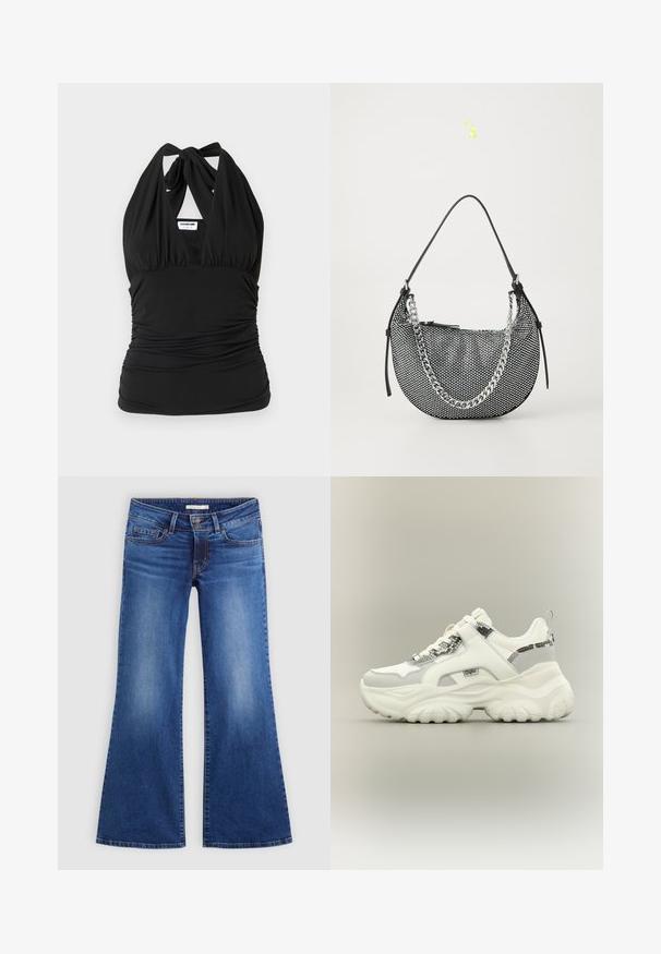 Noisy May NMBELLA HALTERNECK - Top - black; Jeans de campana azules hechos de denim, con un diseño clásico de cinco bolsillos, ligeras arrugas y costuras en contraste a lo largo de las costuras.; Zapatilla deportiva blanca gruesa con acentos de estampado de piel de serpiente, suela gruesa texturizada y una correa de velcro sobre los cordones sobre un fondo neutro.; Bolso de malla negra con forma de media luna, que cuenta con una correa de cadena plateada y detalles en cuero negro. Superficie texturizada con cierre de cremallera.