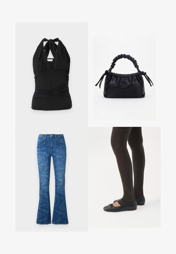 Noisy May NMBELLA HALTERNECK - Top - black; Denim flared jeans i mørkeblå, med et diskret blomstermønster, fem-lomme design, frontknaplukning og standard taljebånd.; Ben iført mørke ribbede leggings kombineret med sorte balletsko med små sløjfedetaljer på hvid baggrund.; Sort taske med krokodilletekstur, rynket øverste kant, samlet hank og snore med kvaster på hver side mod en hvid baggrund.