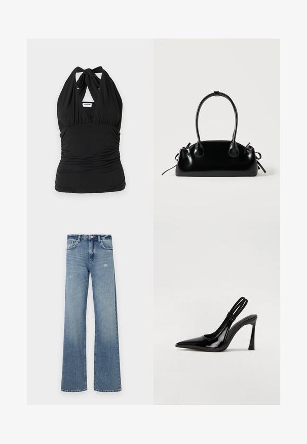 Noisy May NMBELLA HALTERNECK - Top - black; Svetlomodré džínsy s vysokým pásom, širokými nohavicami, jemným opotrebovaním a tradičnou piatimi vreckami.; Čierne lakované kožené slingback lodičky s špicatou špičkou, štíhlým vysokým podpätkom a dvojitým elastickým pásom pre bezpečné uchytenie. Hladký, lesklý povrch.; Malá čierna lesklá kabelka s dvoma dlhými rúčkami a bočnými šnúrkovými detailmi na jednoduchom svetlom pozadí.