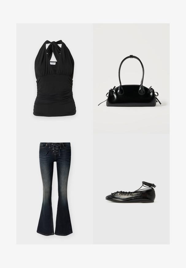 Noisy May NMBELLA HALTERNECK - Top - black; Dunkelblau gefärbte Denim-Flared-Jeans mit vorderer Schnürung und dezenten Verblassungen an Oberschenkeln und Knien.; Schwarze Ballerinas aus Lackleder mit runder Spitze, Schnürdesign und flacher Sohle. Glatte Textur mit minimaler Verzierung.; Kleine schwarze glänzende Handtasche mit zwei langen Griffen und seitlichen Kordelzug-Details vor einfachem hellem Hintergrund.