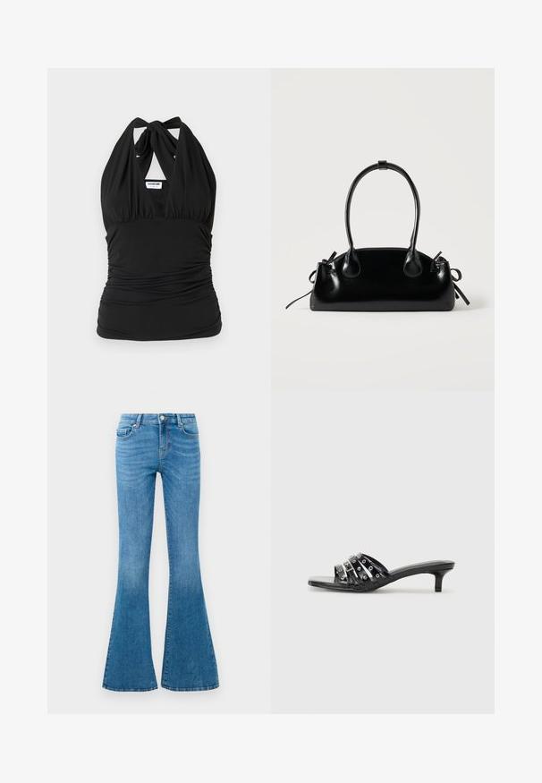 Noisy May NMBELLA HALTERNECK - Top - black; Blå denim flared jeans med mellemhøj talje, der har fem lommer, en standard knaplukning og let falmning for struktur.; Sorte hælede sandaler med flere glossy stropper og metalliske accenter, med en spids tå og beskedne kittenhæle. Glat tekstur.; Lille sort blank håndtaske med to lange håndtag og snøre-detaljer i siden på en ensfarvet lys baggrund.