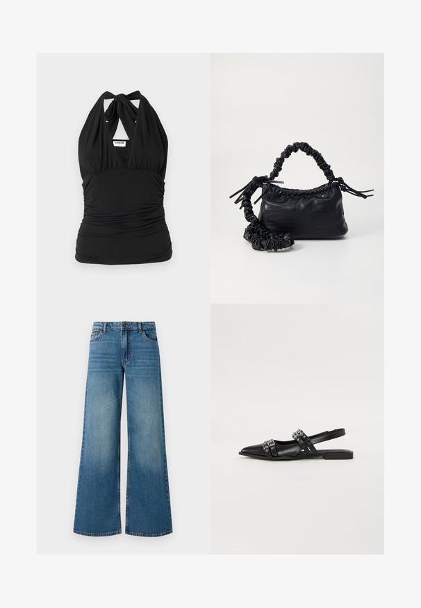 Noisy May NMBELLA HALTERNECK - Topp - black; Laiad sinised denim teksad, millel on kulunud viimistlus, viie tasku disain ning tavaline vöökoht metallnupu ja tõmbluku sulgemisega.; Even&Odd Kannarihmaga baleriinad - black; Must must sünteetilisest nahast käekott, millel on krokodillimuster, kokku tõmmatav ülaosa ja kortsus rihm. Tundub pehme ja kompaktne disain.