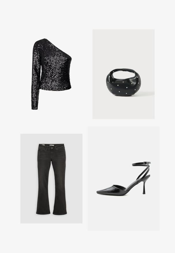 Top negro de lentejuelas con una manga larga y un escote asimétrico. Presenta un diseño ajustado y texturizado con una superficie brillante.; Jeans negros de corte bootcut con bolsillos delanteros, trabillas para cinturón y cierre de botón, mostrados planos sobre un fondo gris claro.; Zapato de tacón alto negro de punta fina con delgadas correas en el tobillo y cierre de hebilla plateada sobre un fondo liso claro.; Bolso de mano de cuero negro con forma redondeada, decorado con detalles de tachuelas plateadas y un asa corta. Textura lisa y cierre con cremallera.