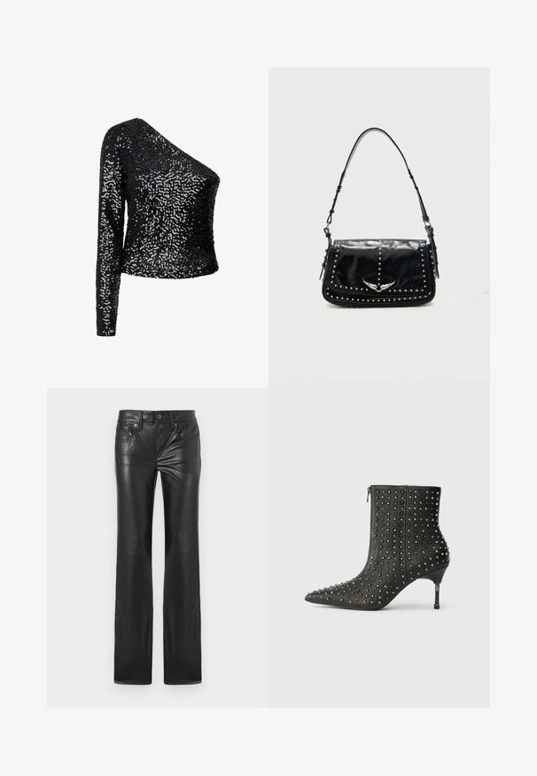 Top negro de lentejuelas con una manga larga y un escote asimétrico. Presenta un diseño ajustado y texturizado con una superficie brillante.; Pantalones de cuero negro con diseño de pierna recta, con cierre de cremallera, botón y estilo de cinco bolsillos. Textura suave, detalles mínimos.; Botas de cuero negras hasta el tobillo con puntera puntiaguda, decoradas con tachuelas plateadas y acentos en forma de estrella, con un tacón de altura media y cierre de cremallera lateral.; Bolso de hombro de piel negra con detalles de tachuelas plateadas y emblema metálico alado en la solapa frontal sobre un fondo liso.