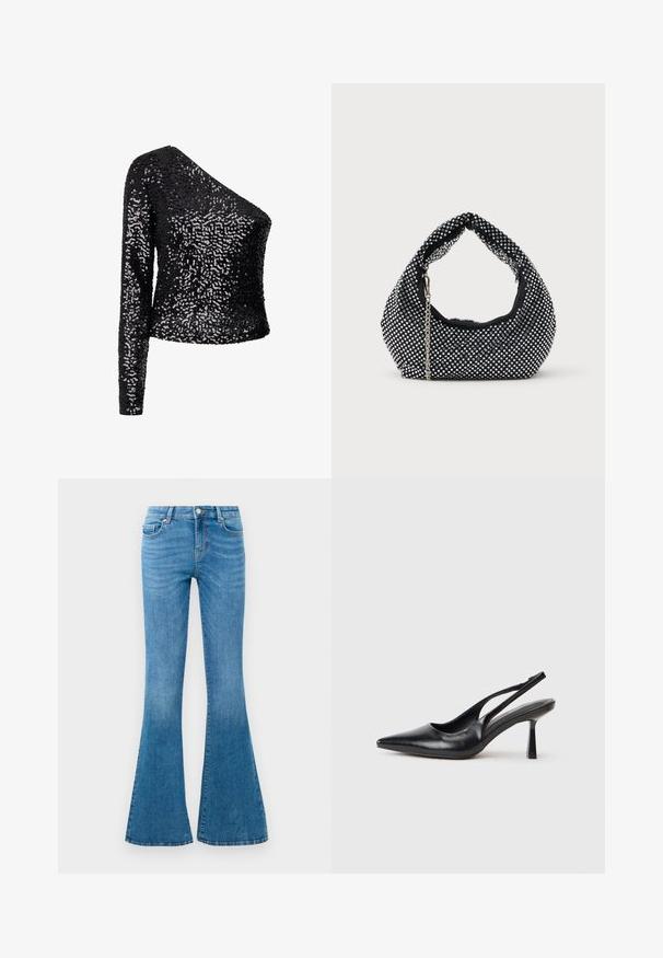 Top negro de lentejuelas con una manga larga y un escote asimétrico. Presenta un diseño ajustado y texturizado con una superficie brillante.; Jeans de mezclilla azul acampanados con una cintura de media altura, que cuentan con cinco bolsillos, un cierre de botón estándar y un ligero desgastado para dar textura.; Zapato de tacón alto negro de cuero con puntera afilada y tacón delgado sobre un fondo blanco.; Bolso de malla negra adornado con tachuelas plateadas, con un asa curvada y una correa de cadena. Textura suave con forma redondeada.