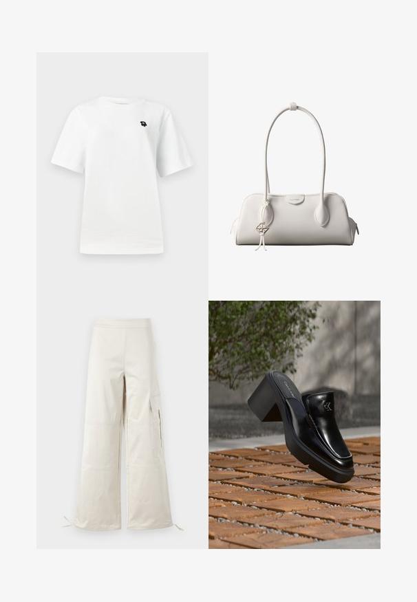 T-shirt blanc à manches courtes avec un petit graphique noir sur la poitrine gauche, sur un fond clair uni.; Pantalons amples beiges en matériau léger, dotés de poches cargo et de liens ajustables à l'ourlet pour un ajustement personnalisable.; Mule slip-on en cuir noir Calvin Klein avec talon bloc reposant sur des carreaux en bois à l'extérieur près d'une plante verte et d'un mur gris.; Sac à bandoulière blanc Calvin Klein avec longues poignées, forme rectangulaire, fermeture éclair et charm logo décoratif suspendu près de la poignée.