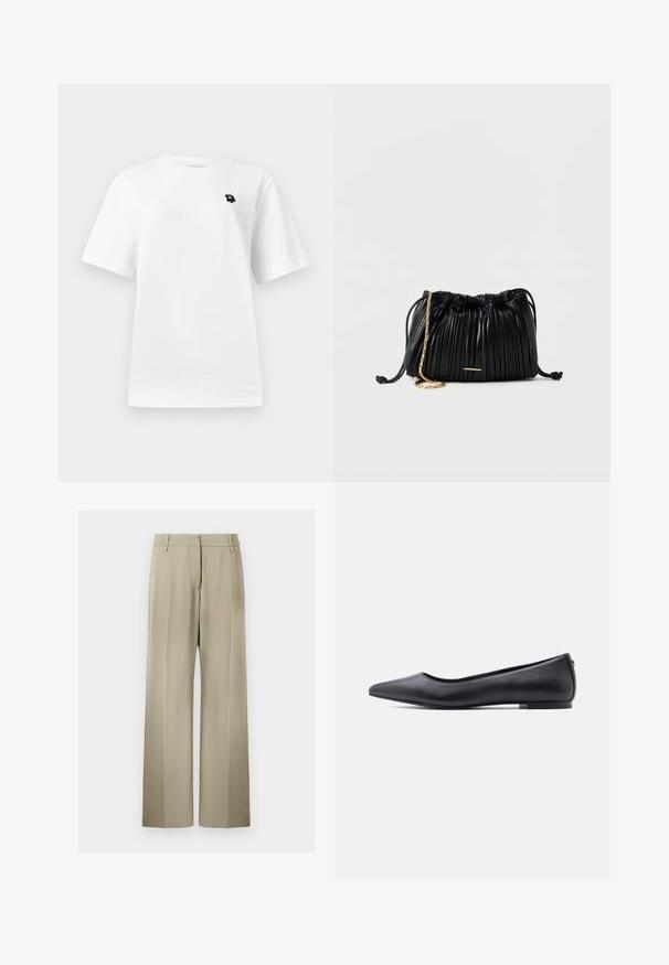 Camiseta blanca de manga corta con un pequeño gráfico negro en el área del lado izquierdo del pecho, sobre un fondo claro y liso.; Pantalones de pierna ancha en suave tela beige, con una parte delantera plana, presillas para cinturón y una textura lisa. Cintura estándar sin patrones visibles.; Zapato plano de cuero negro con punta puntiaguda y tacón bajo, mostrado de perfil contra un fondo blanco.; Bolso de mano negro de cuero plisado con cordón ajustable, cadena dorada como asa y un pequeño detalle horizontal dorado en la parte frontal.