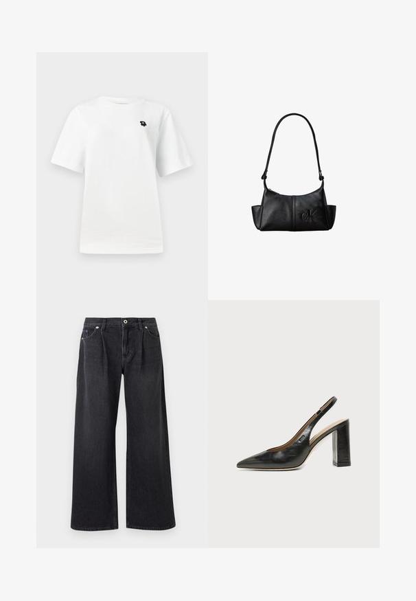 T-shirt blanc à manches courtes avec un petit graphique noir sur la poitrine gauche, sur un fond clair uni.; Jean noir à jambe large en denim, avec une fermeture à bouton sur le devant, deux poches avant et une finition épurée sans embellissements.; Chaussure slingback en cuir noir à bout pointu avec un talon bloc haut et une doublure intérieure beige sur un fond clair uni.; Sac à bandoulière en cuir noir avec une longue sangle, des poches latérales et le logo Calvin Klein embossé sur le devant.