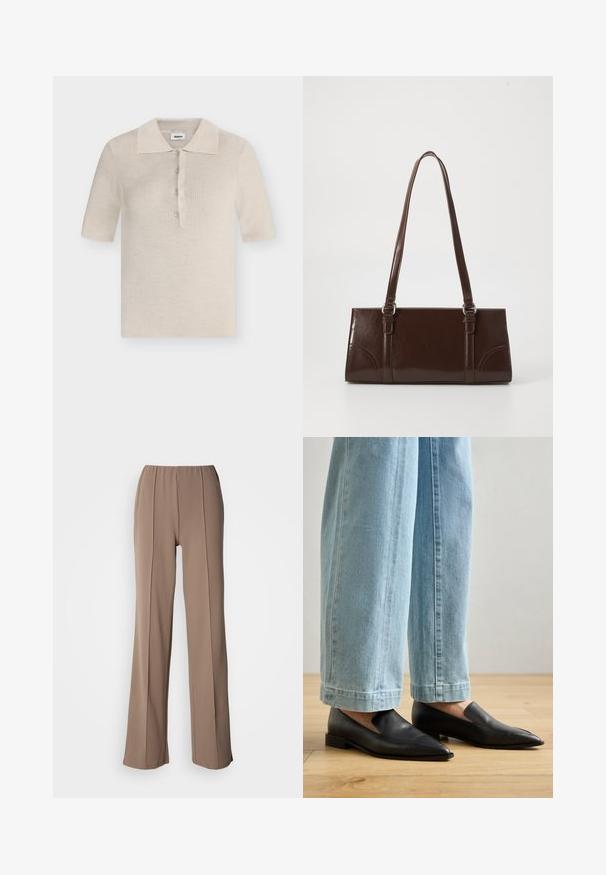 Modström HIROKIMD - Polo - summer sand; Pantalon marron à jambes larges avec une taille élastique, présentant deux plis verticaux sur le devant. Texture de tissu lisse et léger.; Chaussures en cuir noir à bout pointu et à enfilage, associées à un jean large bleu clair, sur un sol en bois.; Sac à main en cuir verni marron de forme rectangulaire, avec deux longues poignées et des accents courbés subtils à l'avant.