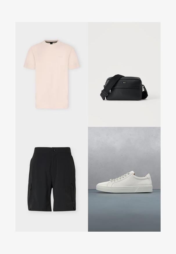 T-shirt beige clair à manches courtes et col rond avec un logo embossé subtil sur la poitrine et une étiquette noire à l'intérieur du col.; Shorts noirs mi-cuisses avec poches zippées latérales et fermeture par bouton à la taille, présentés sur un fond blanc uni.; Baskets en cuir blanc avec un bout arrondi, design minimaliste, lacets gris et semelle en caoutchouc gris texturé. Détails de couture subtils visibles.; Sac bandoulière en cuir noir texturé avec poche avant zippée et bandoulière large en tissu réglable sur fond blanc.