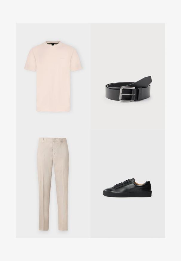 T-shirt beige clair à manches courtes et col rond avec un logo embossé subtil sur la poitrine et une étiquette noire à l'intérieur du col.; Pantalon beige droit avec passants pour ceinture, fermeture avant dissimulée et plis sur le devant.; Baskets en cuir noir avec une texture lisse, bout rond et fermeture à lacets. Comprend une semelle en caoutchouc épaisse et un minimum de détails de marque.; Ceinture en cuir noir enroulée avec une boucle métallique rectangulaire argentée gravée "BOSS" sur un fond gris clair.