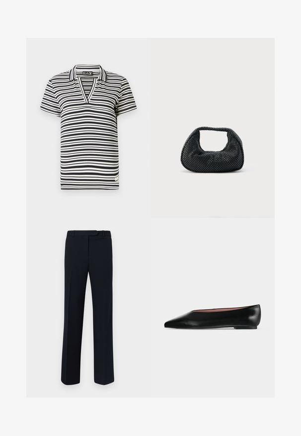 Polo de manga corta a rayas en blanco y negro con cuello en V, textura acanalada y etiqueta de marca en el dobladillo lateral.; Pantalones de corte navy confeccionados en tejido suave, con un diseño de pierna recta, pases para cinturón y detalles de pliegue delantero.; Zapato plano negro de cuero para mujer con punta puntiaguda y tacón bajo, mostrado de lado sobre un fondo liso gris claro.; Bolso hobo tejido negro con estructura suave y asa integrada, exhibido sobre un fondo liso y claro.