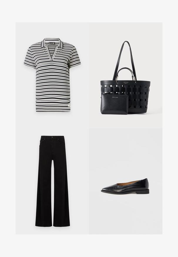 Polo de manga corta a rayas en blanco y negro con cuello en V, textura acanalada y etiqueta de marca en el dobladillo lateral.; Pantalones anchos negros de mezclilla, con cintura alta, bolsillos delanteros y un cierre sencillo con botón metálico.; Zapato plano de cuero negro con punta puntiaguda y tacón cuadrado bajo. Textura lisa, diseño minimalista y sin elementos visibles ni patrones.; Bolso tote tejido negro con asas dobles y un pequeño bolsillo con cremallera a juego en la parte delantera, ambos hechos de cuero.