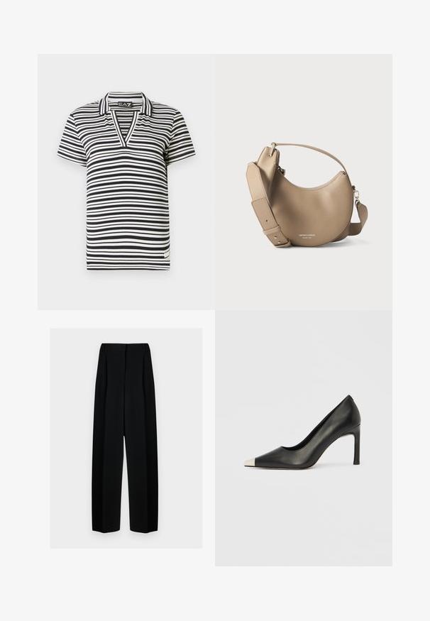 Polo shirt à manches courtes noir et blanc rayé avec un col V, texture côtelée et étiquette de marque sur l'ourlet latéral.; Pantalons noirs à jambes larges avec une taille haute, présentant des plis et une texture lisse. Le tissu semble léger et tombe élégamment.; Chaussure à talon haut en cuir noir avec bout pointu et capuchon argenté métallique. Présente une finition lisse et un talon fin de 10 cm.; Sac à main en cuir beige en forme de croissant avec une large bandoulière réglable et une petite poignée, embossé avec un texte de marque et de localisation argenté.