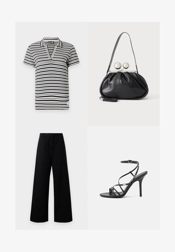 Polo de manga corta a rayas en blanco y negro con cuello en V, textura acanalada y etiqueta de marca en el dobladillo lateral.; Pantalones anchos negros de algodón, con cintura alta, bolsillos frontales y un diseño limpio y sencillo con detalles de costura minimalistas.; Sándalo negro de tacón alto con tiras finas, hebilla en el tobillo, superficie de cuero suave y tacón de aguja esbelto.; Bolso de mano de cuero negro con diseño fruncido, una sola correa, marco metálico plateado y dos cierres grandes redondos de plata.