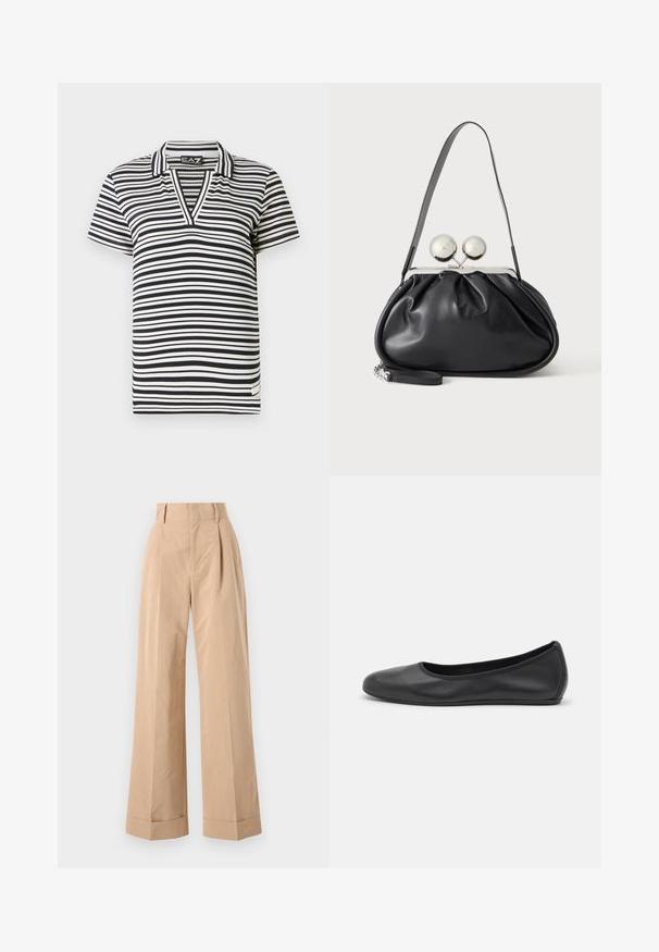 Polo de manga corta a rayas en blanco y negro con cuello en V, textura acanalada y etiqueta de marca en el dobladillo lateral.; Pantalones de pierna ancha en color beige con una cintura alta, con pliegues y una textura suave. Los puños están doblados, añadiendo un detalle estructurado.; Bailarina de piel negra con punta redondeada, textura suave, detalle de costura minimalista y diseño de suela flexible.; Bolso de mano de cuero negro con diseño fruncido, una sola correa, marco metálico plateado y dos cierres grandes redondos de plata.