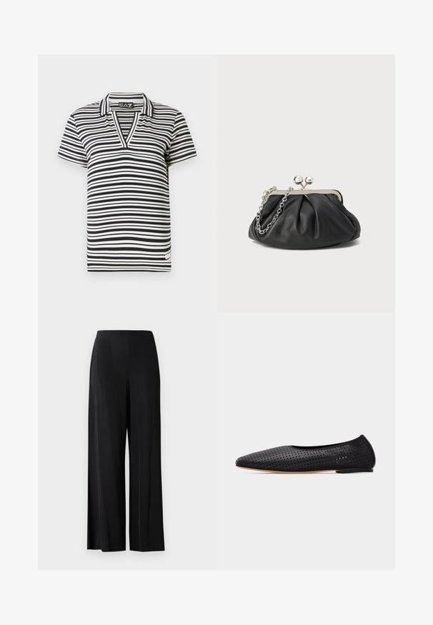 Polo de manga corta a rayas en blanco y negro con cuello en V, textura acanalada y etiqueta de marca en el dobladillo lateral.; Pantalones negros de pierna ancha, fabricados en tela suave, con una cintura alta y sin bolsillos ni elementos metálicos visibles. Diseño hasta el suelo.; Bailarina de cuero negro perforado con punta afilada y tacón bajo, mostrada de perfil sobre un fondo blanco.; Clutch de cuero negro con textura arrugada, marco de metal en tono plateado, cierre de beso y cadena para colgar. Superficie suave y lisa.