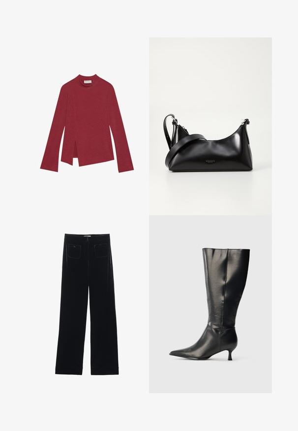 Rød ribbet bluse med lange ærmer og høj hals. Har en asymmetrisk kant med sideslids og en glat tekstur. Mærket er synligt indeni.; Sorte velour bredbukser med to baglommer og en glat tekstur, der har en lige skæring og syede afslutninger ved anklerne.; Sort knæhøj læderstøvle med spids tå og lav kittenhæl, vist på en enkel lys baggrund.; Sort læderhåndtaske med en glat tekstur. Har en justerbar stropp og et enkelt, minimalistisk design med lynlås.