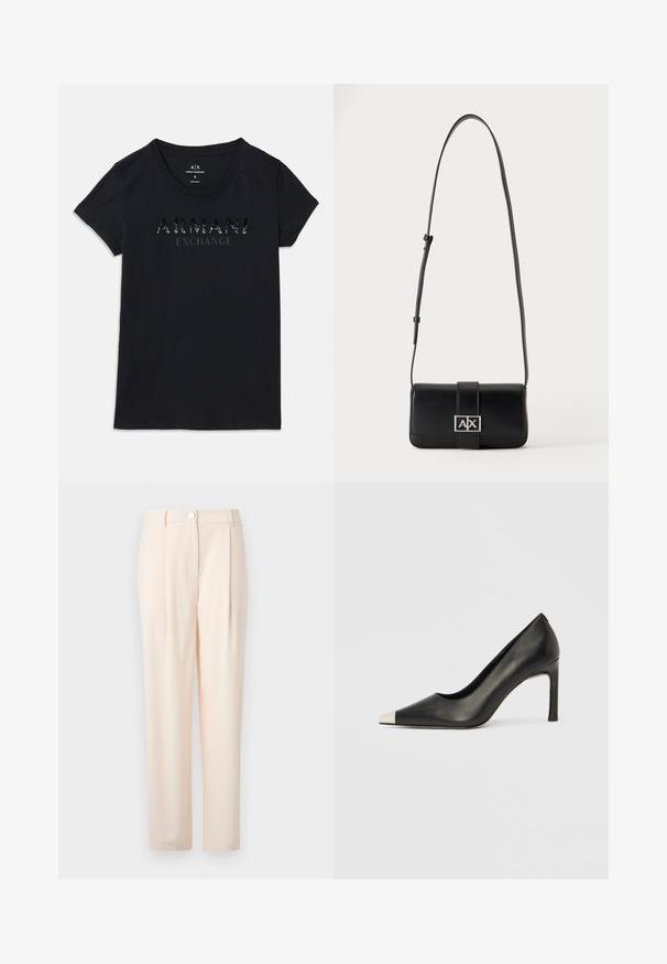 Čierne tričko s krátkym rukávom od Armani Exchange s okrúhlym výstrihom a logom "ARMANI EXCHANGE" v lesklom, bodkovanom potlači na prednej strane.; Svetlé béžové nohavice s prispôsobeným dizajnom, s predným zapínaním, hladkou látkou, rovnými nohavicami a bez viditeľných vzorov alebo akcentov.; Čierna kožená lodička s vysokým opätkom, špičkou a kovovou striebornou špičkou. Má hladký povrch a štíhly 10 cm opätok.; Čierna kožená kabelka cez rameno s nastaviteľným remienkom a striebornou obdĺžnikovou sponou so znakmi A a X na jednofarebnom pozadí.