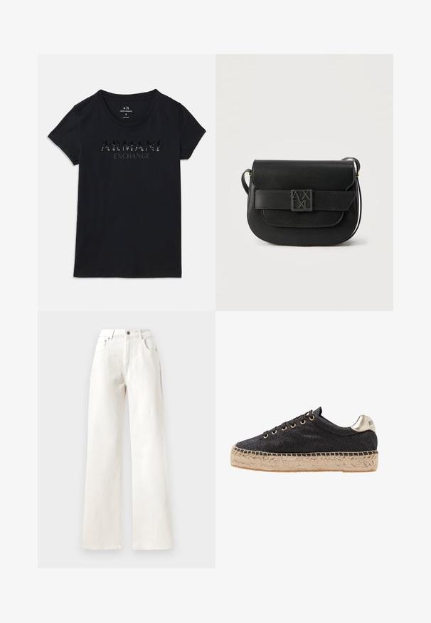 Sort kortærmet Armani Exchange t-shirt med rund hals og "ARMANI EXCHANGE" logo i blank, prikket print på brystet.; Hvide vide bukser af denim med knaplukning, bæltestropper og fem-lomme design. Glat overflade med synlig syning.; Sort tekstilsneaker med en metallisk detalje ved hælen, jute-sål og seks snørehuller. Struktureret overdel med subtil glans.; Sort skuldertaske i læder med klaplukning og præget Armani Exchange-logo på frontspænde, minimalistisk design.
