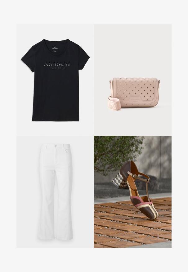 Sort kortærmet Armani Exchange t-shirt med rund hals og "ARMANI EXCHANGE" logo i blank, prikket print på brystet.; Hvide flare jeans med høj talje, forlommer og rå kant. Lavet af denim med en glat tekstur og minimal syninger.; Brun og pink sandal med hæl, tekstureret overdel, T-rem og hæl med geometrisk mønster. Lædermateriale, spænde som accent.; Beige skuldertaske i læder med perforeret mønster og præget logo, der har en bred stofrem med brandnavn.