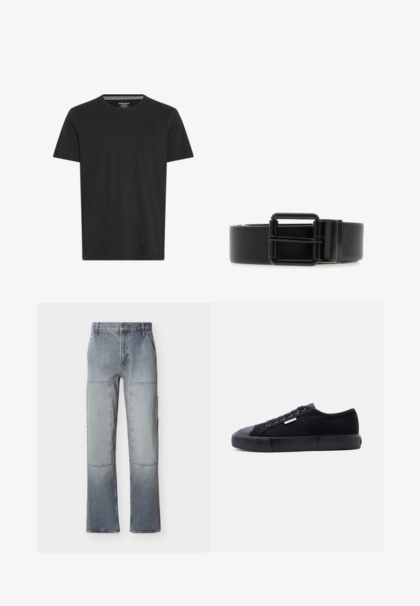 Sort kortærmet T-shirt lavet af bomuld. Har en rund hals og en lille lomme på venstre bryst. Glat tekstur og simpelt design.; Grå denimbukser med høj talje, store rektangulære knælapper og vid benudskæring, med forlommer og knaplukning.; Sort lavt canvas-sneaker med gummisål, snørebånd foran og lille metal Calvin Klein-logo på siden.; Sort tekstureret læderbælte med spænde i mat sort firkantet design og en tornlukning, vist fladt på en hvid baggrund.
