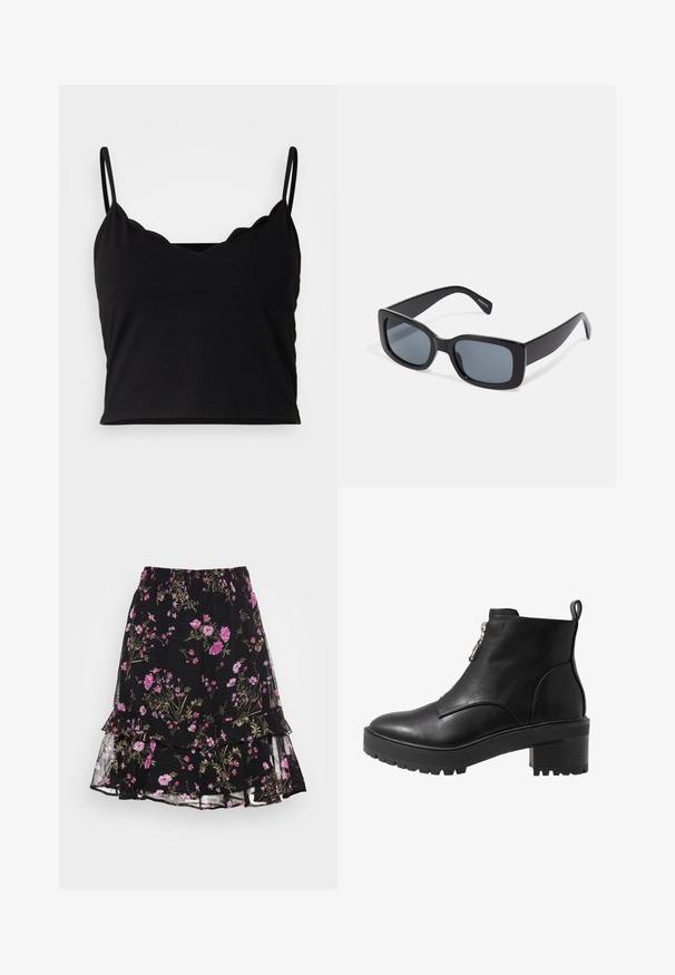 Even&Odd by Zalando Top - black; Vero Moda VMROSA SMOCK SKIRT - Mini skirts - black/pink; Sort læder ankelstøvle med lynlåslukning på siden, kraftig sort hæl og en struktureret sål for godt greb. Glat overflade med minimalt udsmykning.; Sorte rektangulære solbriller med mørkt tonede linser, tyk plastramme og brede stænger. Glat overflade og kantet design.