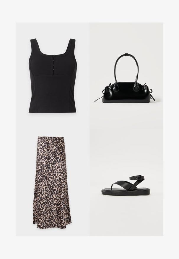 Μαύρο ριμπ crop top με φαρδιές τιράντες και κοντό κάθετο κούμπωμα με κουμπιά στο κέντρο μπροστά.; Μίντι φούστα με λεοπάρ print και ελαφρώς φαρδιά γραμμή σε μπεζ και μαύρους τόνους, εμφανίζεται σε απλό φωτεινό φόντο.; Μαύρα δερμάτινα σανδάλια με επίπεδη σόλα, διαθέτοντας διαχωριστή δακτύλων και σχέδιο με διαγώνιες λουρίδες, ρυθμιζόμενο λουρί αστραγάλου με μεταλλική πόρπη.; Μικρή μαύρη γυαλιστερή τσάντα με δύο μακριές λαβές και λεπτομέρειες με ρυθμιζόμενο κορδόνι στο πλάι σε απλό ανοιχτό φόντο.