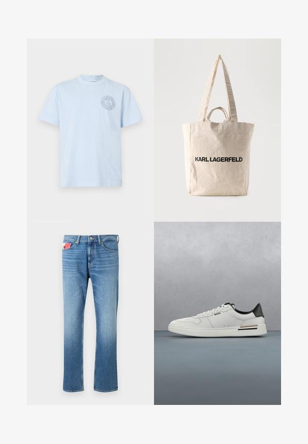 Camiseta de algodón azul claro con cuello redondo, mangas cortas y un logotipo circular con texto y acentos de diseño en el lado izquierdo del pecho.; Jeans de mezclilla azul descoloridos con corte recto, con cierre de botón, cinco bolsillos y un parche en el bolsillo delantero.; Zapatilla baja blanca con talón negro, cierre con cordones, perforaciones sutiles y el logo "BOSS" en el costado, mostrada desde el perfil exterior.; Bolso tote de lona beige con asas largas y cortas, con el texto "KARL LAGERFELD" impreso en letras negras gruesas en el frente.