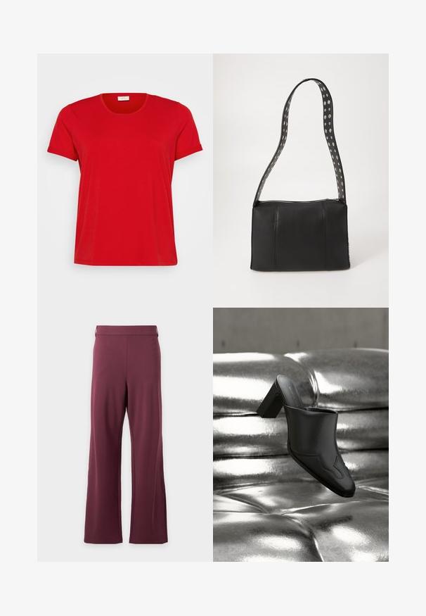 Camiseta roja de manga corta con cuello redondo, fabricada en una suave mezcla de algodón, que presenta un corte relajado y una textura lisa.; Pantalones de talle alto y pierna ancha en un morado oscuro sólido, con una cintura lisa y sin bolsillos o patrones visibles.; Mula de cuero negro con tacón ancho descansando sobre una superficie plateada brillante acolchada, destacando su diseño elegante y detalles curvados.; Bolso de cuero negro con forma rectangular, que cuenta con un cierre de cremallera y una correa con lunares. Textura suave, con detalles de costura mínimos.