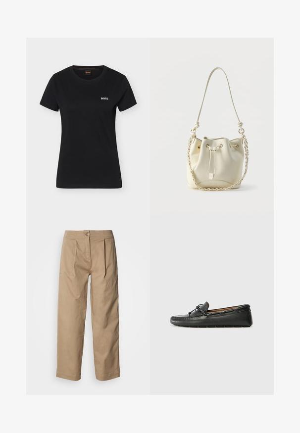 T-shirt noir à manches courtes pour femmes avec encolure ronde et petit logo blanc "BOSS" sur le côté gauche de la poitrine.; Pantalon beige taille haute avec jambes droites, détails plissés et fermeture à bouton. Fabriqué en tissu de coton léger avec une texture lisse.; Bateau en cuir noir avec un bout arrondi, des détails de couture, un petit accent en nœud et une semelle en caoutchouc. Texture lisse et design épuré.; Sac seau en cuir crème avec fermeture à cordon, chaîne tressée et bandoulière en cuir, ainsi que des œillets dorés.