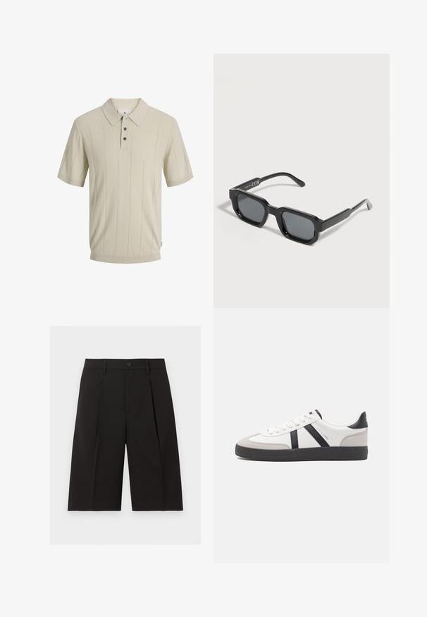 Polo beige à manches courtes avec de fines rayures verticales, trois boutons foncés et un col pointu.; Shorts noirs sur mesure mi-genoux avec fermeture à boutons, passants de ceinture et plis sur le devant, sur un fond blanc uni.; Baskets blanches avec des accents noirs et gris, présentant un embout texturé gris, une semelle en caoutchouc noir et des lacets plats blancs. Design épuré, style minimaliste.; Lunettes de soleil rectangulaires noires avec des montures épaisses et des verres teintés foncés, inclinées sur un fond blanc.