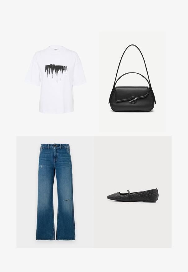 Witte katoenen t-shirt met een losse pasvorm, voorzien van een zwarte penseelstreekprint over de borst en korte mouwen.; Blauwe denim wijde jeans met een vervaagde textuur, voorzien van twee versleten gedeelten aan de voorkant, een knoopsluiting en een vijf-pocket ontwerp.; Zwarte platte schoen met puntige neus, doorgestikte geometrische patronen en een dunne band over de wreef, op een effen achtergrond.; Zwarte leren handtas met afgeronde hoeken, asymmetrische klep, metalen ronde sluiting en zowel korte als lange schouderriemen.