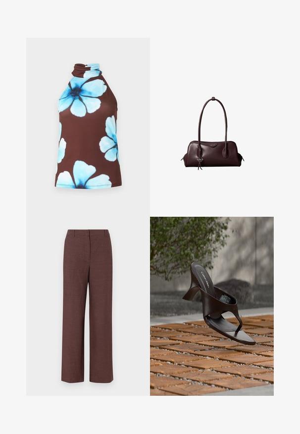 Haut marron sans manches à col montant, décoré de grands imprimés floraux bleu clair.; Pantalons larges marron en tissu texturé avec une finition lisse, présentant un devant plat, des passants de ceinture et des poches latérales.; Sandale à talon marron Calvin Klein suspendue au-dessus d'un sol extérieur en dalles de bois et gravier avec un arrière-plan flou de verdure et de pierres.; Sac à main en cuir brun foncé Calvin Klein avec de longues poignées doubles et un petit porte-clé logo suspendu à une poignée.