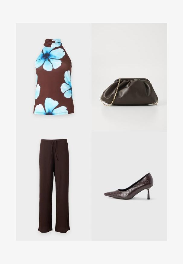 Haut marron sans manches à col montant, décoré de grands imprimés floraux bleu clair.; Pantalon large texturé marron foncé avec ceinture élastique et cordon, présenté sur un fond clair uni.; Escarpins à bout pointu en similicuir marron avec une texture crocodile, dotés d’un talon fin et angulaire ainsi que d’une doublure intérieure lisse.; Sac à main en cuir marron avec un design froncé, une bandoulière en chaîne dorée et une finition douce et texturée. Sa forme compacte est idéale pour une utilisation en soirée.