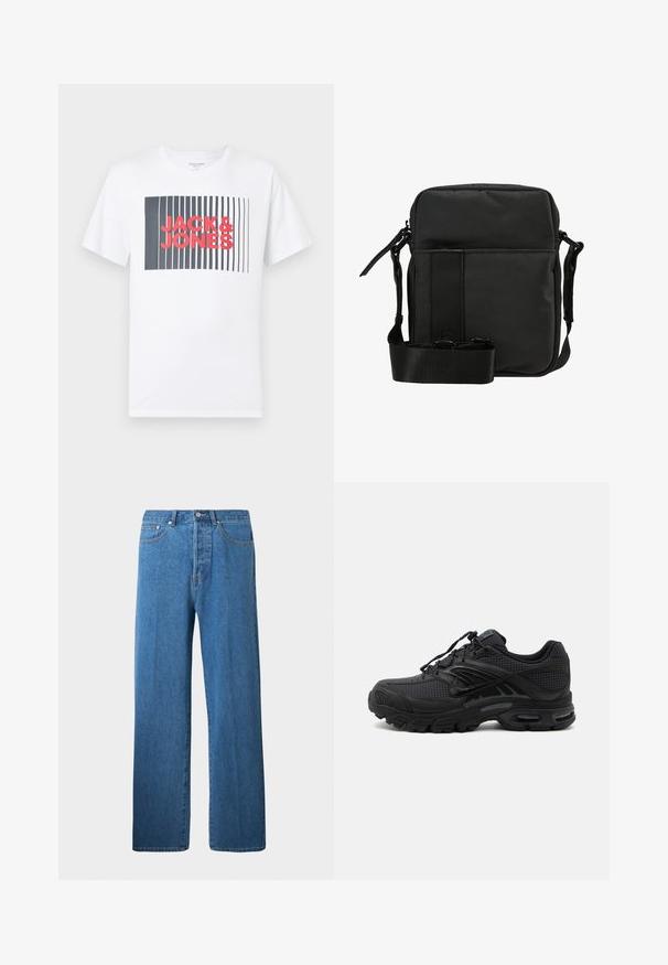 Weißes Baumwoll-T-Shirt mit einem rechteckigen Motiv aus dunkelblauen vertikalen Streifen und dem Text "JACK & JONES" in kräftigem Rot.; Hellblaue Jeans aus Denim mit geradem Schnitt. Verfügt über fünf Taschen, einen Knopfverschluss und minimale Nähdetails.; Schwarzer athletischer Sneaker mit strukturiertem Stoff, dicker gepolsterter Sohle, Luftauslässen und Schnürverschluss, von der Seite auf hellem Hintergrund gezeigt.; Kompakte schwarze Messenger-Tasche aus strukturiertem Stoff mit dezentem Muster, ausgestattet mit verstellbarem Riemen und Reißverschluss.