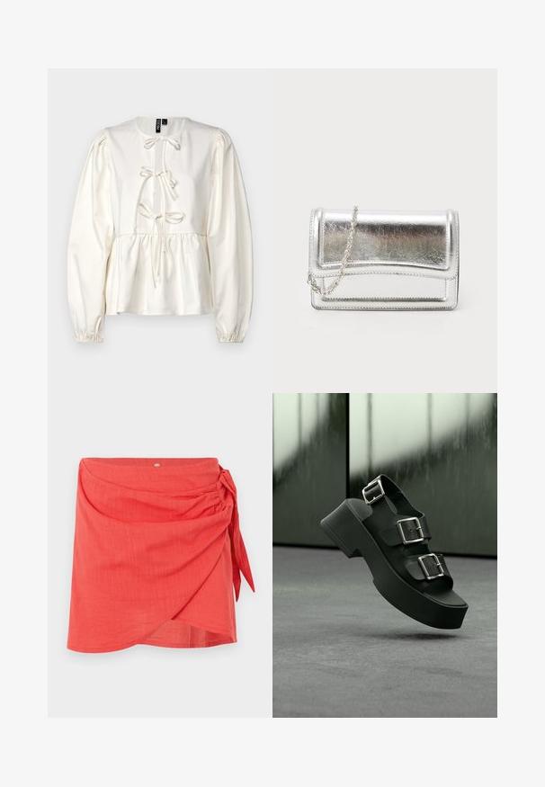 Blusa blanca de manga larga con un cuerpo ajustado, fruncidos en las mangas y un detalle decorativo de lazo en el escote. Tela suave y lisa.; Minifalda coral de estilo envolvente con nudo lateral y tela con textura sutil sobre un fondo claro liso.; Sandalia de plataforma negra con tres tiras anchas y hebillas plateadas, flotando sobre un suelo alfombrado gris con fondo de cristal desenfocado.; Bolso de mano metálico plateado con textura suave, cierre de solapa y cadena para el hombro. Presenta un diseño rectangular estructurado y acentos cosidos.